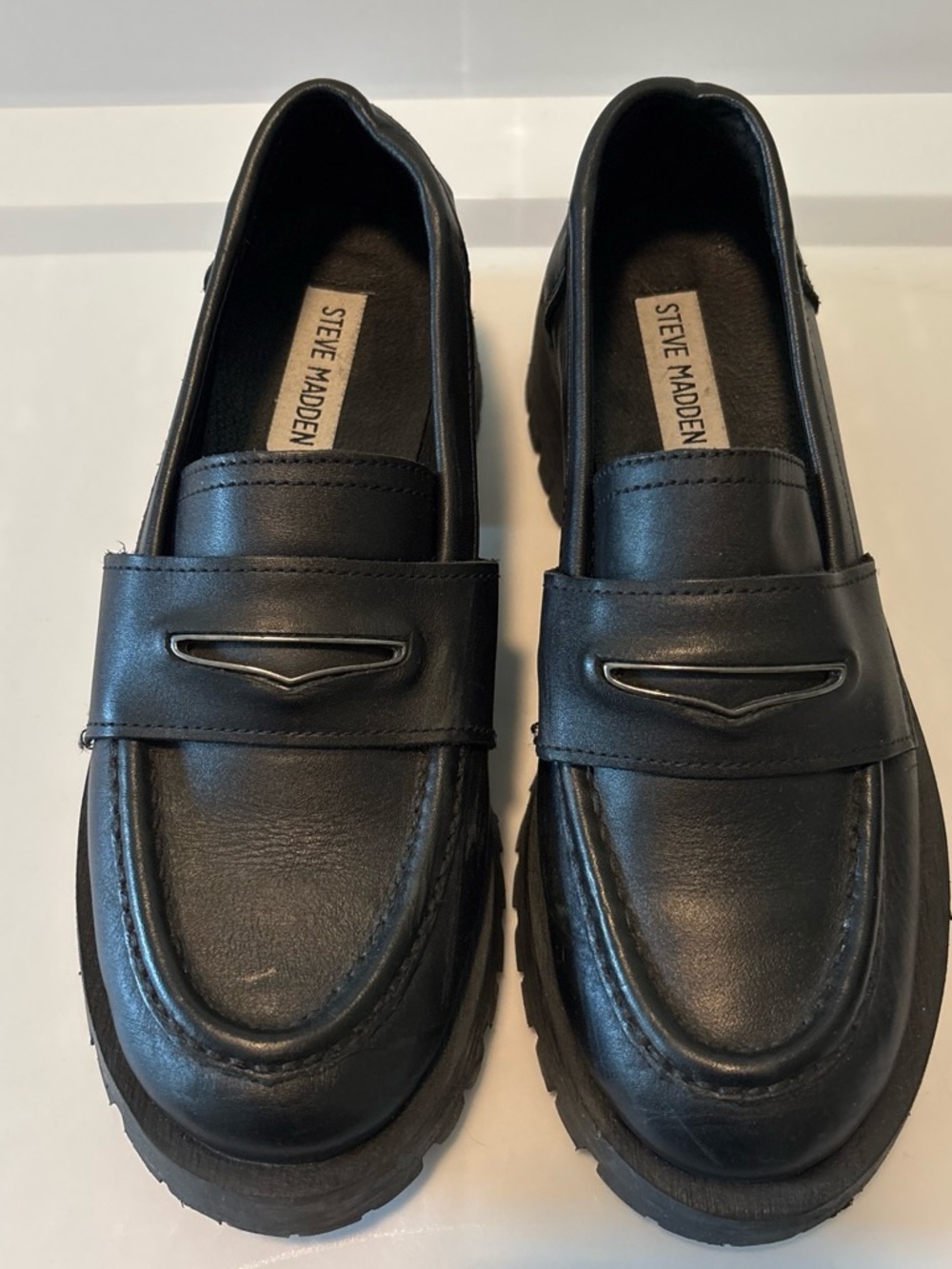 Steve Madden Black Leather Lug Sole Penny Loafers